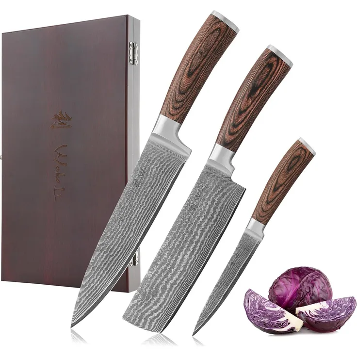 Wakoli Messer-Set 3er Damastmesser Set, Kochmesser Küchenmesser I 12,5 bis 20cm Klingen (Damastmesser mit Geschenkbox, 1-tlg, 1x Santoku, 1x Nakiri), aus 67 Lagen Damaststahl mit Kupfereinlage, VG-10 Stahlkern