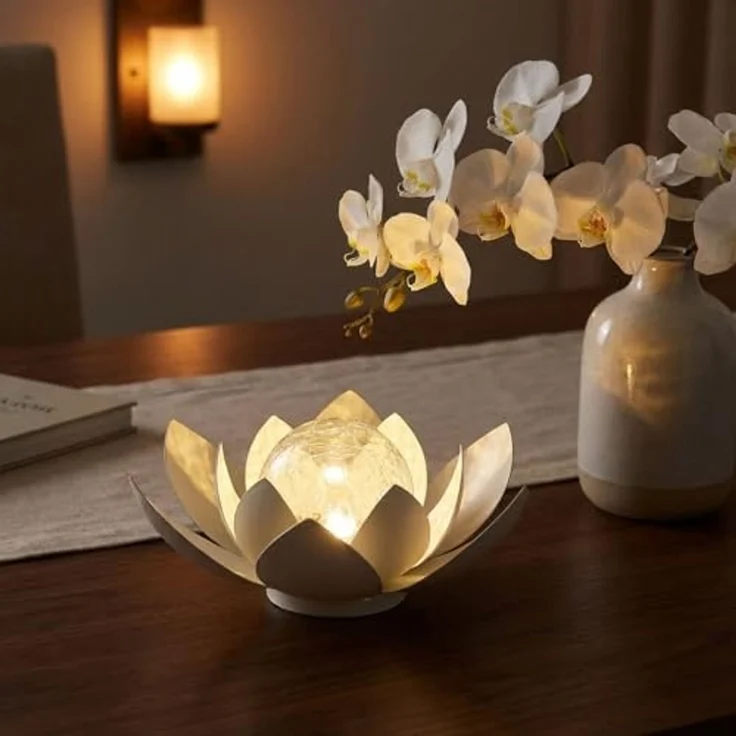Haushalt International LED Solarleuchte, LED-Leuchtmittel fest verbaut, Warmweiß, LED Solarleuchte Lotusblume weiß Glas Außenleuchte Gartendeko D 27,6cm – Bild 5