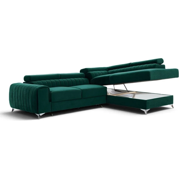 Ecksofa mit Schlaffunktion Sofa ELENI Stoff Monolith Grün Ottomane Rechts – Bild 2