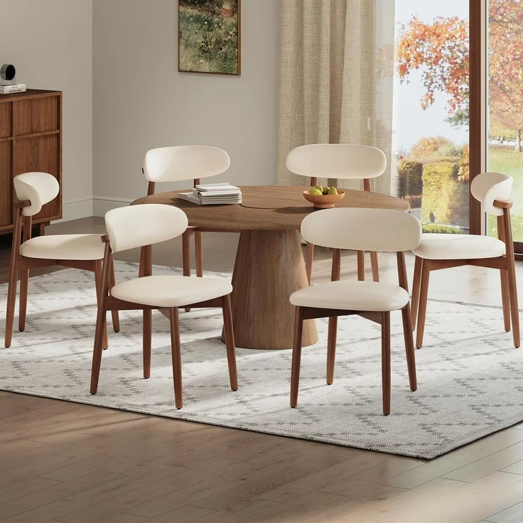 MALOL Stühle Esszimmer 6er Set, Gepolsterte Küchenstühle mit Hochdichtem Schaumstoff, PU-Lederbezug, Ergonomische Rückenlehne, Gummiholzgestell Nussbaum-Optik, für Küche Wohnzimmer Café, Weiß