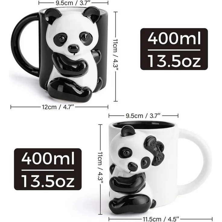 MiaMio Tasse Panda 3D-Motiv, 400 ml, Schwarz-Weiß, 2-tlg, Keramik, 3D-Panda-Motiv, 400 ml, schwarz-weiß – Bild 3