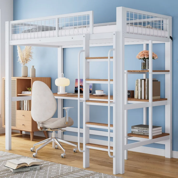 Etagenbett 90×200 cm mit Rausfallschutz, Schreibtisch und Regalen, Weiß/Natur, ohne Matratze – Bild 1