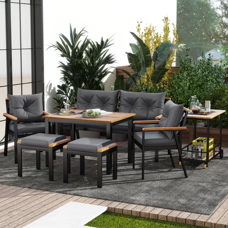 LVHOM 7-tlg. Gartenmöbel-Set, Lounge-Set für 6–7 Personen, wetterfeste Sitzgruppe inkl. Esstisch und abnehmbarem Servierwagen für Terrasse, Natur/Grau – Bild 3