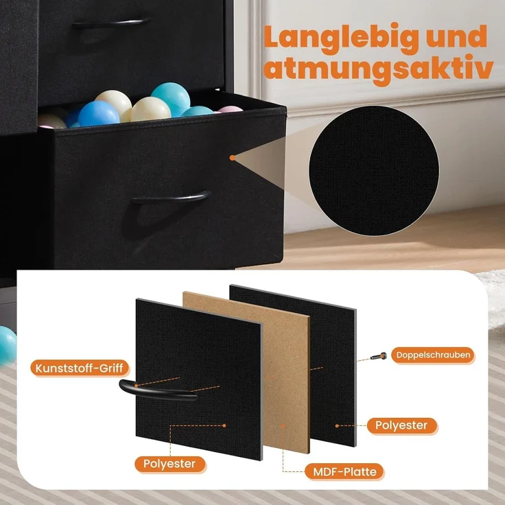 Sweetcrispy Kommode,Sideboard Wohnzimmer für Schlafzimmer mit 8 Stoffschubladen,Einstellbare Füße Schubladenschrank,Komodenschrank für Schlafzimmer,Klassisch Schwarz – Bild 5