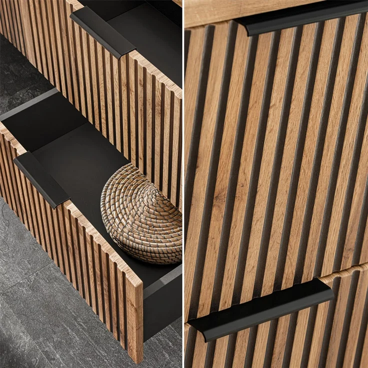 Badezimmer Set mit Waschtisch 81 cm, Hochschrank, LED Spiegel XANTEN-56 in anthrazit mit Eiche Nb. schwarz gerillt, B/H/T: ca. 130/200/46 cm – Bild 4