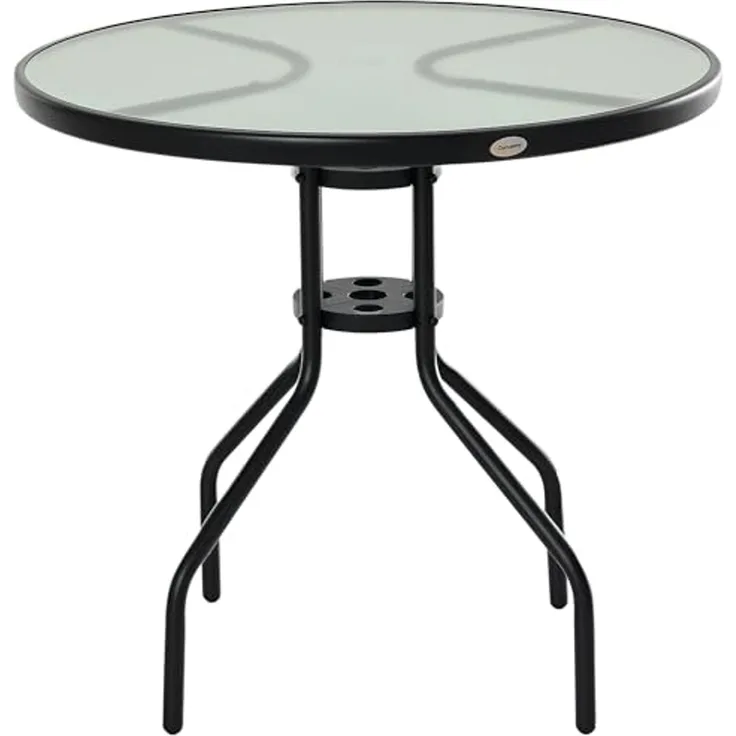 Outsunny Gartentisch Balkontisch Garten Beistelltisch Bistrotisch Gartenmöbel mit Schirmloch Hartglas + Metall Schwarz 80x72
