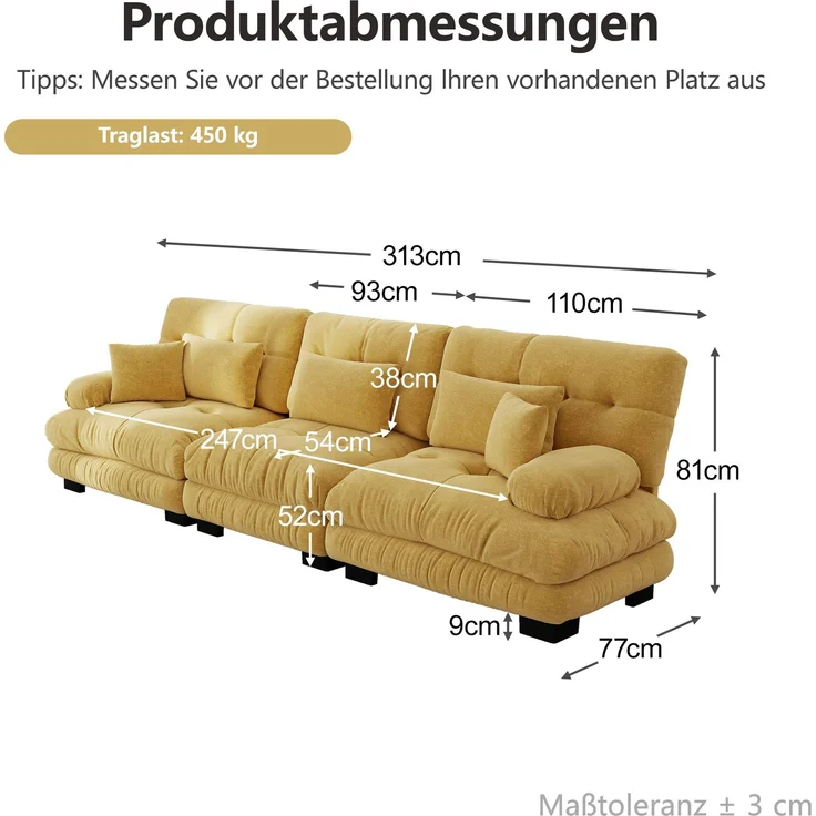 EINHOM 3-Sitzer Modulares Ecksofa mit Tiefensitz, Chenille Schlafsofa Komfortabel Gepolstert für Wohnzimmer, Apartment, Studio, Büro, Gelb – Bild 2