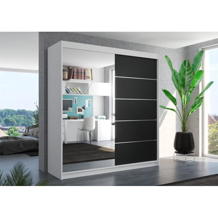 Schiebetürenschrank Schrank Nr. 415 in Weiß- Schwarz matt- Spiegel 200 x 215 x 58 cm – Bild 1