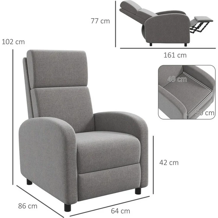 HOMCOM Relaxsessel Fernsehsessel mit Liegefunktion (TV-Sessel, 1-St, Liegesessel), bis 120 kg Belastbar, für Wohnzimmer, Grau – Bild 3
