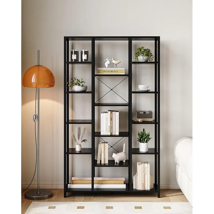 Bücherregal, Standregal mit 6 Ebenen 15 Ablagen, Verstellbare offene Ablagen, für Wohnzimmer, Büro, Schlafzimmer, 30 x 100 x 170 cm, Vintagebraun-Schwarz