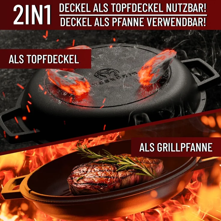 Dutch Oven Set 2in1 5 l aus Gusseisen – mit Ledergriffen, Ringreiniger & Untersetzer, für Grill, Lagerfeuer, Herd & Backofen – Bild 7