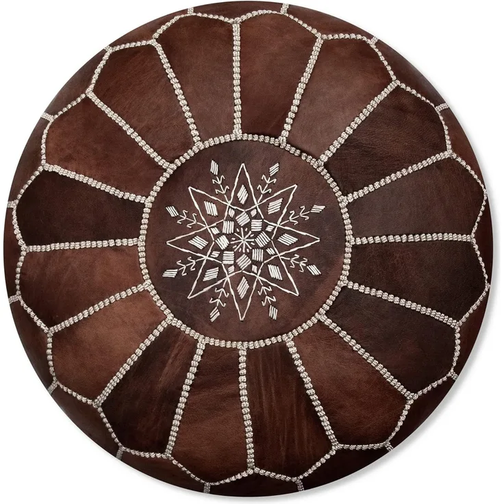Poufs&Pillows Marokkanischer Echtleder Pouf - Handgefertigt - Gefüllt geliefert - Ottoman, Sitzsack, Fußhocker (Holz Braun)