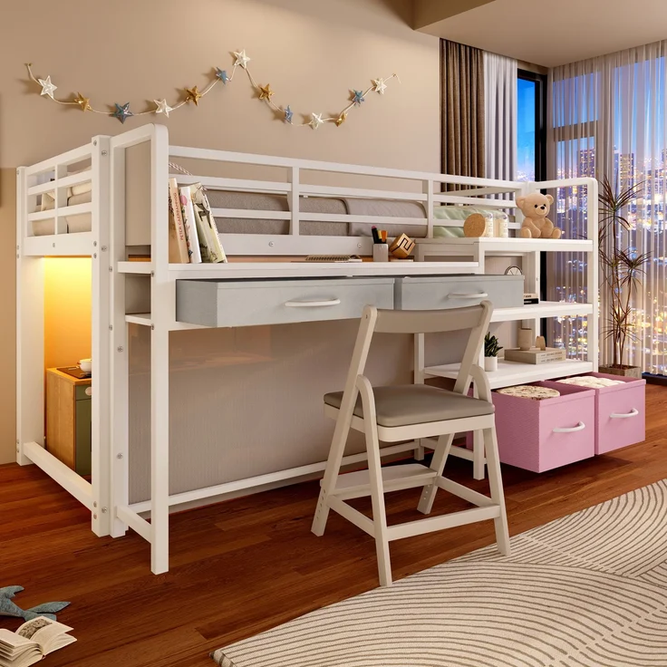 EINHOM Hochbett 90 x 200 cm mit Schreibtisch, Stauraum und Stoffschubladen, Kinderbett aus Metall mit Vorhang, mehrschichtigem Regal und LED-Licht, Weiß (Ohne Matratze) – Bild 3
