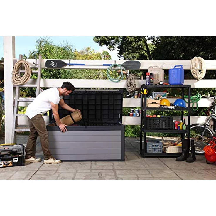Ambia Garden Kissenbox, Anthrazit/Grau, wetterbeständige Kunststoffbox, 122.9x70.6x62.1 cm, aufklappbarer Deckel, geeignet zum Sitzen, mit Gasdruckfeder – Bild 3