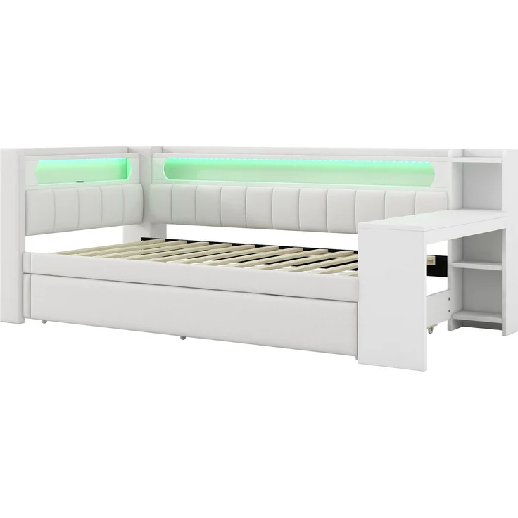 Gepolstertes 90x200 Tagesbett mit USB-Anschlüssen und LED-Gürtel, mit Ausziehbett und Schreibtisch, Weiß – Bild 8