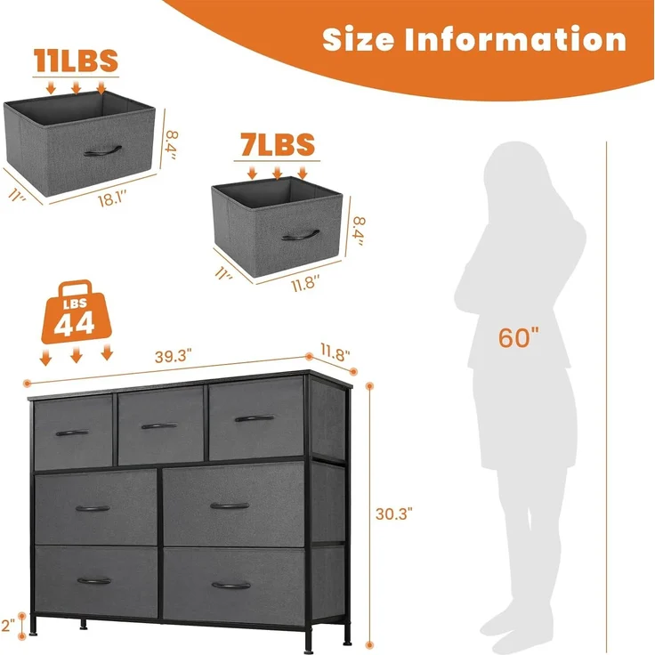 DUMOS Kommode für Schlafzimmer mit 7 Stoffschubladen hohe Kommode Organizer für Kleidung Schrank Kinderzimmer Aufbewahrungsturm mit Schrank Metallrahmen Holzplatte leichte Kinderzimmermöbel – Bild 3