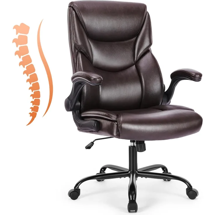 Sweetcrispy Chefsessel PU Leder Bürostuhl Ergonomisch, Schreibtischstuhl mit Armlehnen, Ergonomischer Computerstuhl mit Hoher Rückenlehne, Gaming PC Drehstuhl für Arbeit Ruhe, Dunkel Braun