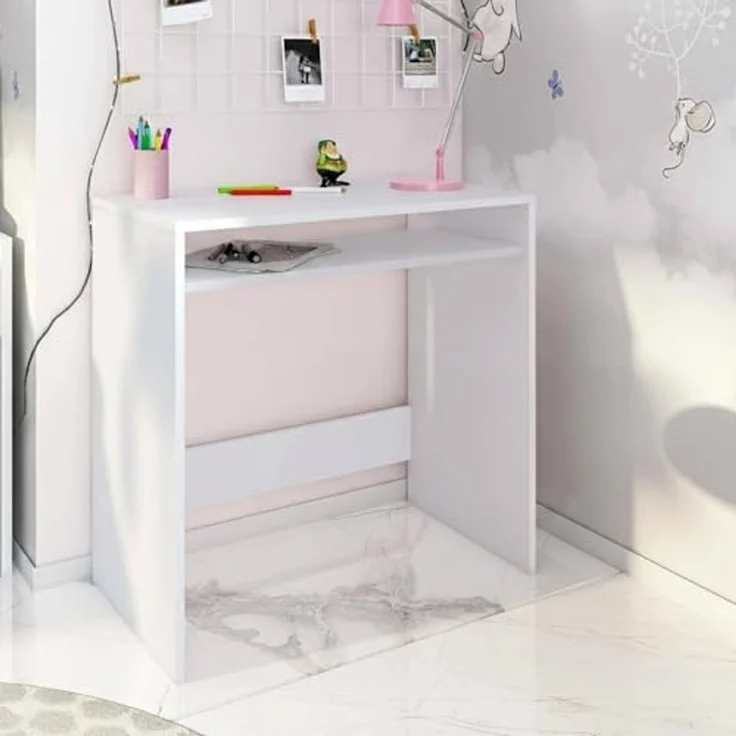 Dmora - Schreibtisch Portland, Linearer Schreibtisch mit festem Regal, Arbeits- oder Bürotisch für PC, 79x43x78 cm, Weiß – Bild 1