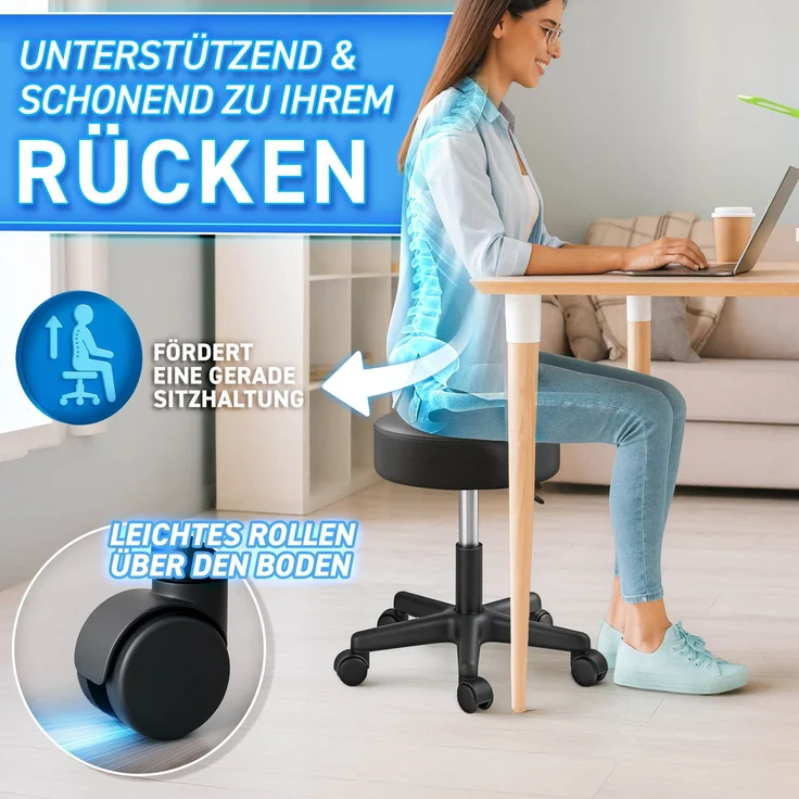 TRESKO Rollhocker höhenverstellbar Schwarz | Drehhocker 10 cm Dicke Polsterung | Arbeitshocker 360° drehbar | Hocker – Bild 4