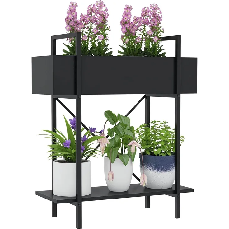 Outsunny Pflanzentreppe für Innen Außen, aus Metall, mehrstöckig, 70 cm hoch (2-Etagen Pflanzenständer, 1 St, Blumenständer), für Wohnzimmer, Garten Balkon Deko, Schwarz