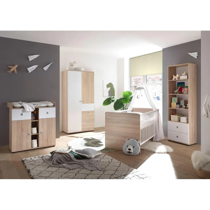 WIKI Babyzimmer Komplett-Set in Eiche Sonoma Optik / Weiß - Babyzimmer Möbel-Set 3-teilig bestehend aus Kleiderschrank, Babybett & Wickelkommode – Bild 5