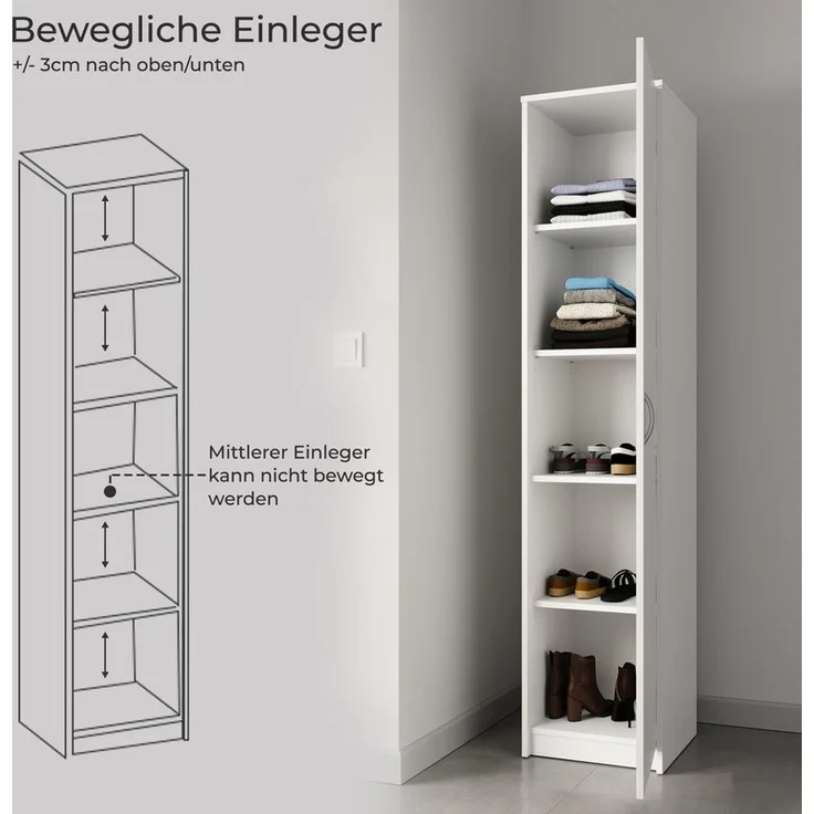 Home Collective Aktenschrank Bücherregal Kleiderschrank Regal 50 cm breit 180cm hoch Schrank (Regal Wand schmal Holz für Schlafzimmer Flur Keller Büro) Mehrzweckschrank mit 4 verstellbaren Einlegeböden Aktenschrank Weiß – Bild 4