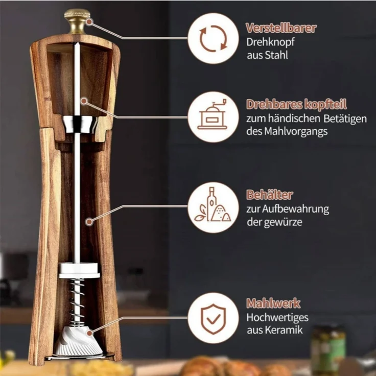 DELIPOP – Salz und Pfeffermühle Holz, 22cm Manuelle Gewürzmühle 2er Set mit verstellbarem Keramikmahlwerk und untersetzer - 5,5x5,5x22cm - Braun – Bild 5