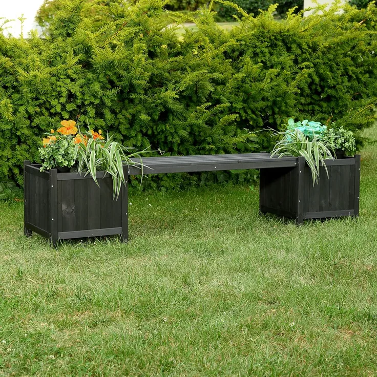 Gartenbank mit 2 Blumenkästen Garten Bank 2in1 Blumenkasten Holzbank schwarz