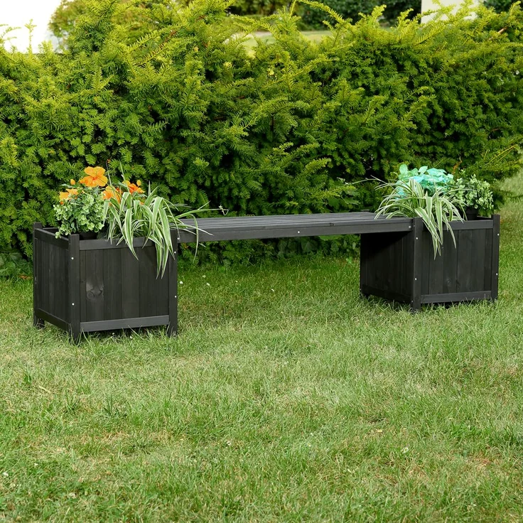 Gartenbank mit 2 Blumenkästen Garten Bank 2in1 Blumenkasten Holzbank schwarz – Bild 1