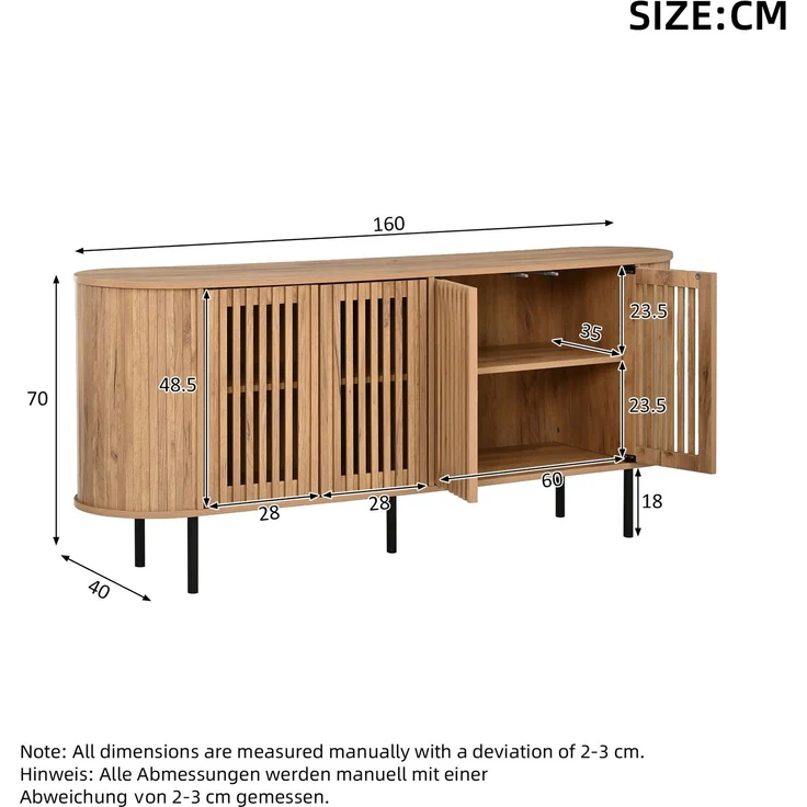 Merax 160x40x70cm Sideboard aus MDF mit 4 perforierten Schiebetüren, Kommode mit verstellbaren Einlegeböden und stabilen Metallbeinen, Wohnzimmer Buffet-Schrank, Naturholzfarbe – Bild 4