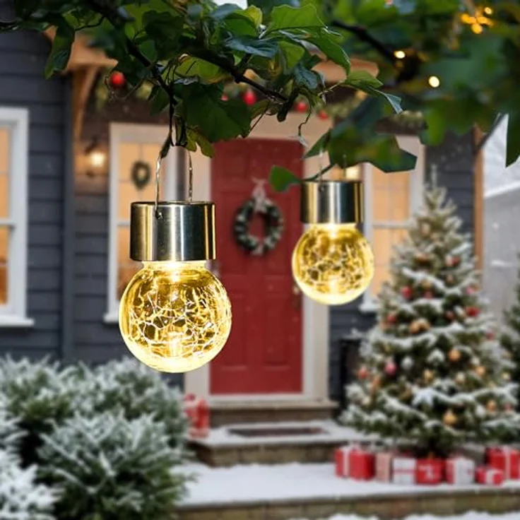 GIGALUMI 12 Stück Solar-Außenleuchten, Solar-Hängeleuchten für Weihnachtsdekoration, rissiges Glas, Solarleuchten für den Außenbereich, wasserdicht für Garten, Hof, Zaun, Baum (warmweiß) – Bild 3