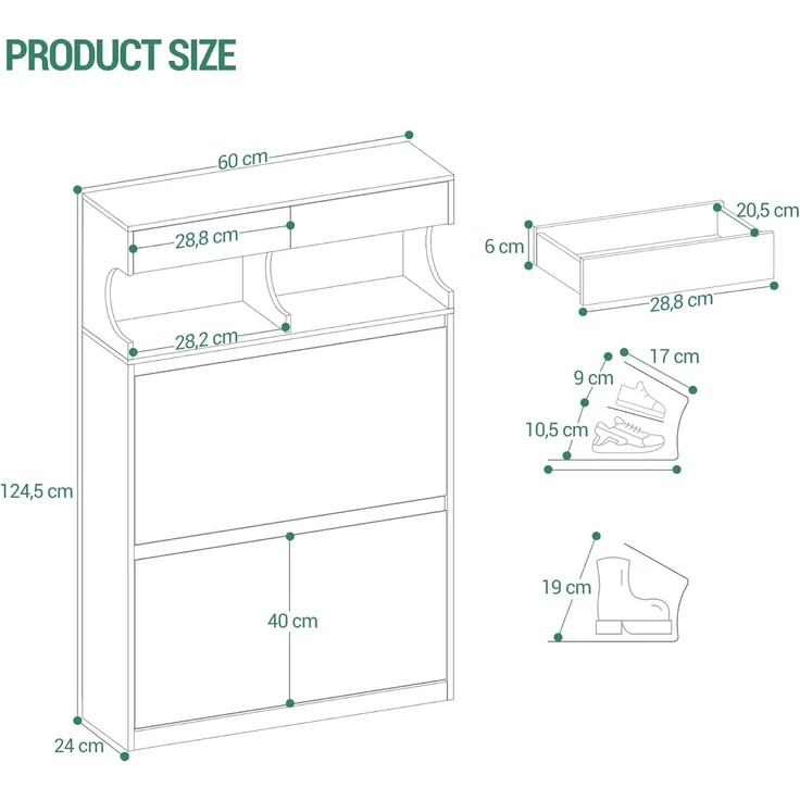 Schuhschrank, Schuhregal Schuhkipper Schmal, Verstellbar, Schuhkommode für Eingang, Flur, Garderobe, 12 Paar, 2 Klappen (60B cm), Weiß – Bild 7