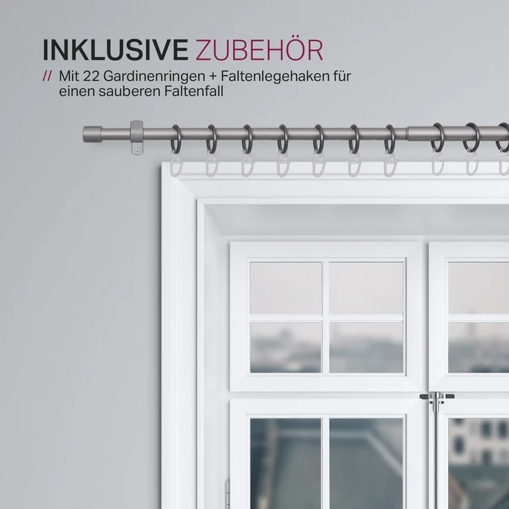 Bestlivings Gardinenstange Stilgarnitur, Ø 16 mm, ausziehbar, Wandträger, verschraubt, Metall, Vorhangstange 120-220cm inkl. Ringe mit Faltlegehaken – Bild 3