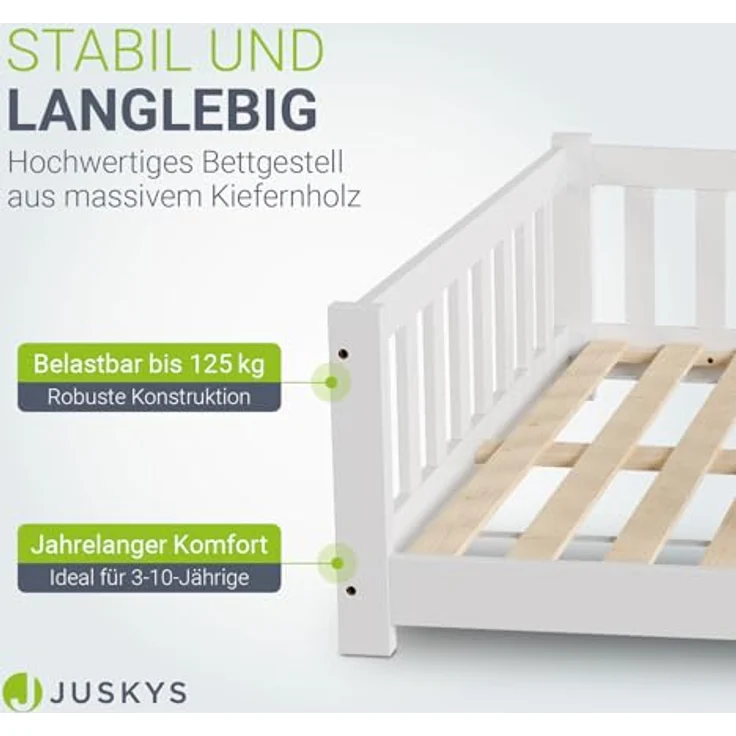 Juskys 'Naya' Kinderbett - mit Matratze, Rausfallschutz & Lattenrost - Bodenbett für Kinder 3 -10 Jahre - Holz Weiß, 120x200 cm – Bild 5