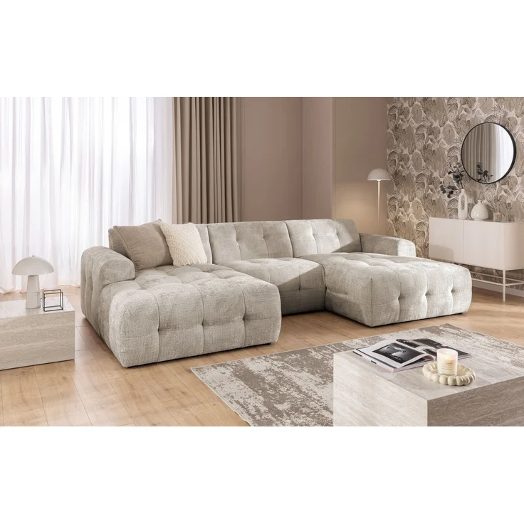 luma-home Wohnlandschaft U-Form 6-Sitzer, raffinierte Steppungen, Chenille-Bezug in Sand Grau, 323 x 161 x 79cm – Bild 3