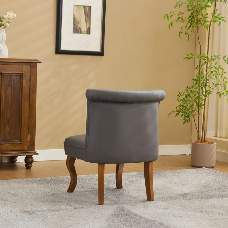 Echtleder Sessel, Loungesessel Wohnzimmer,Kautschukholz Massivholz, Einzelstuhl,Pull-Point Knöpfe, Esszimmerstuhl,bis 150 kg,Grau – Bild 5