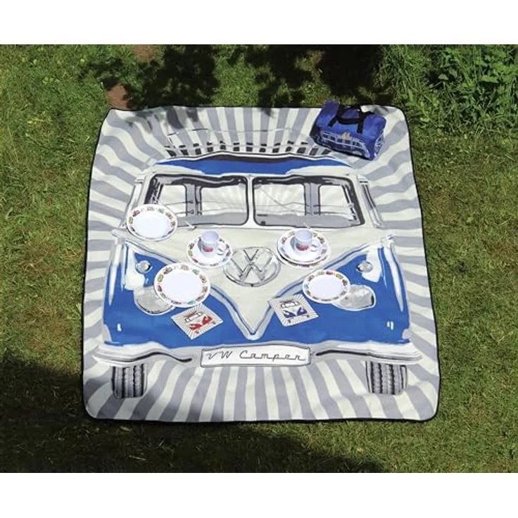 BRISA VW Collection - Volkswagen Picknickdecke 200x150 cm Wasserdicht Wärmeisoliert Fleece Garten Outdoor Stranddecke mit Tragetasche (Samba Stripes/Blau) – Bild 6