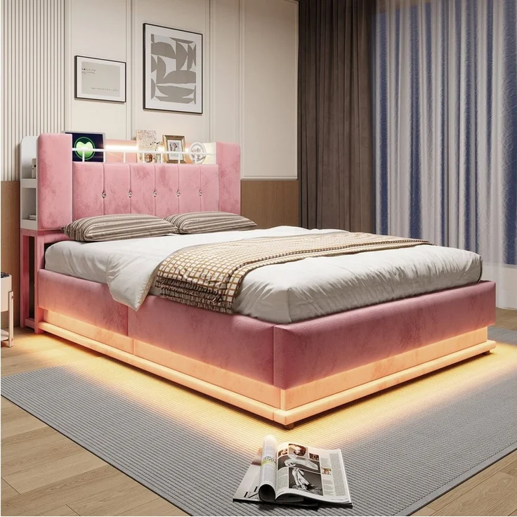 Merax Polsterbett mit LED-Beleuchtung und USB-Anschluss (Metalllattenrahmen & Samtbezug, 1-tlg, Kinderbett Einzelbett Mehrzweckbett Stauraumbett), Doppelbett 140×200cm mit hydraulischem Stauraum & Kopfteilfach, Samt – Bild 3