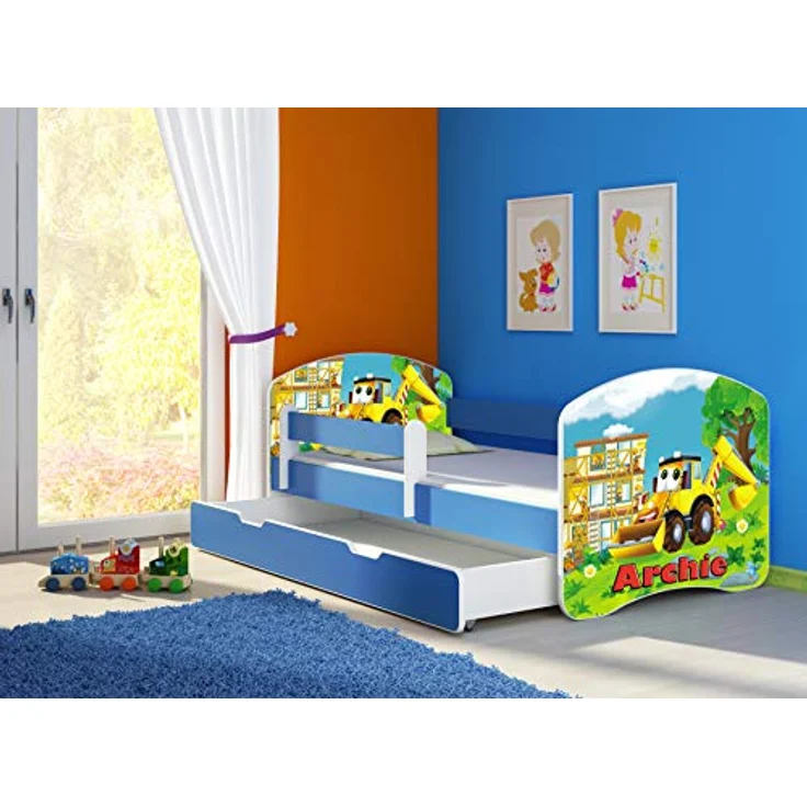 ACMA Kinderbett Jugendbett mit Einer Schublade und Matratze Blau mit Rausfallschutz Lattenrost II 140x70 160x80 180x80 (20 Bagger, 160x80 + Bettkasten) – Bild 5