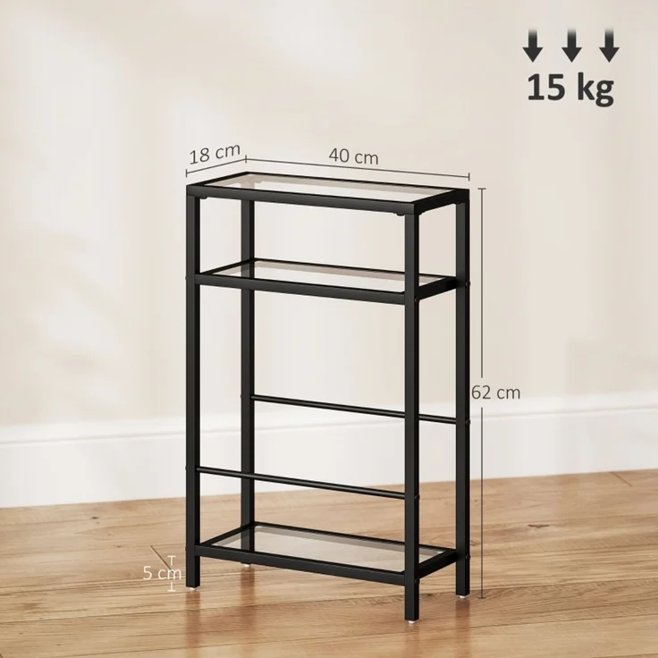 Beistelltisch 40 x 18 x 62 cm, mit Höhenverstellung, mit Bodenschonern, Möbelkonstruktion aus Glas, Schwarz – Bild 3