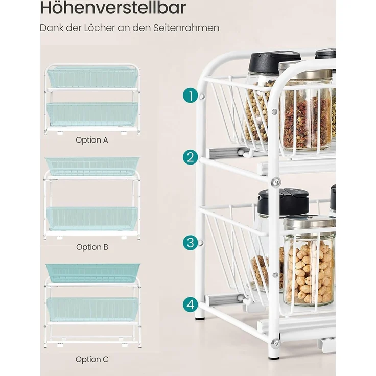 Küchen-Organizer, Küchenregal, Ordnungssystem, 2 Ebenen, stapelbar, erweiterbar, mit Metallkörben, für Küche, Badezimmer, weiß – Bild 7