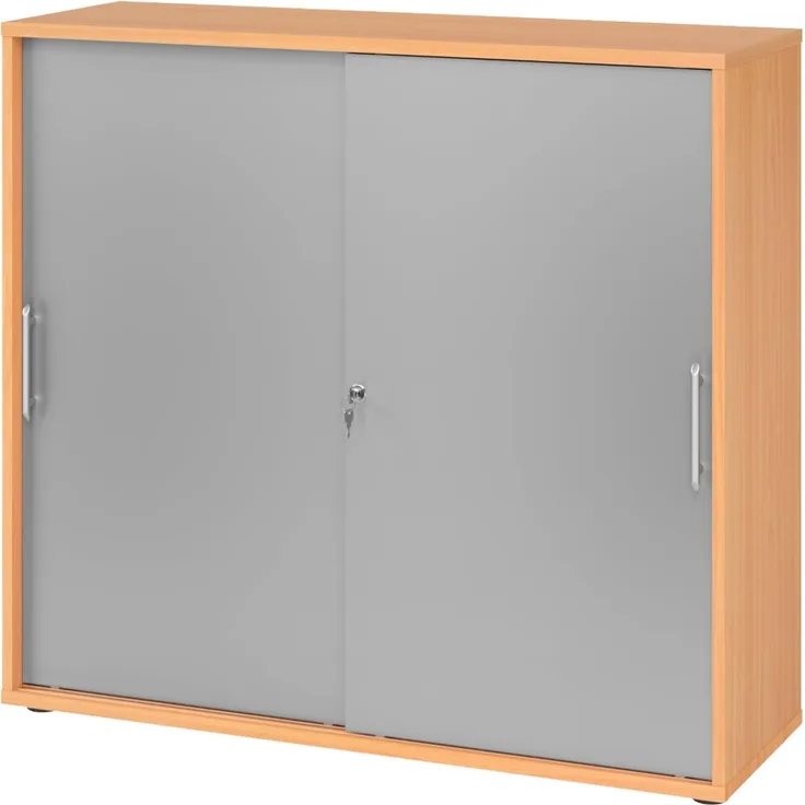bümö® Schiebetürenschrank mit Schloss | Aktenschrank abschließbar für Ordner | Büroschrank mit Schiebetüren für Akten in Buche/Silber