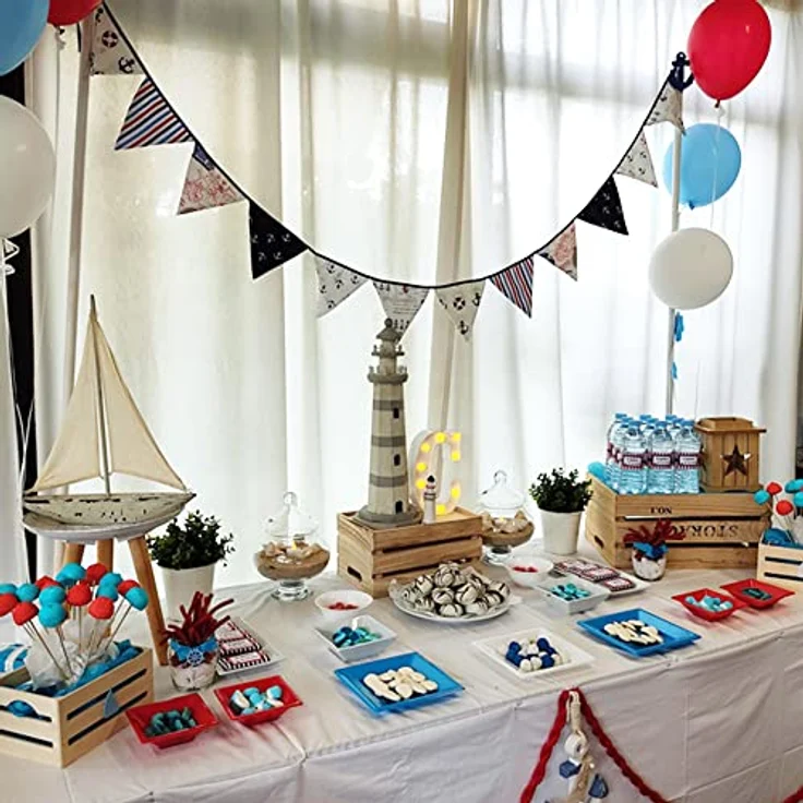 G2PLUS Stoff Wimpel Girlande Doppelseitig, 3. 3M Bunte Wimpelkette Stoffgirlande mit 12stk Girlande Wimpeln für Kinderzimmer Drinnen & Draußen Party-Blau und Weiß – Bild 6