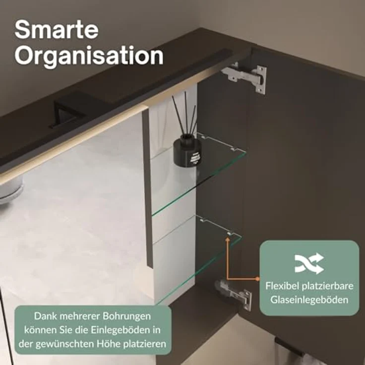 Planetmöbel ARIA Spiegelschrank Bad mit Beleuchtung 80 cm breit | Badschrank hängend mit Spiegel | Anthrazit, mit Leuchte und Steckdose, Spiegelschrank Gäste WC 80 x 70 x 16 cm – Bild 6