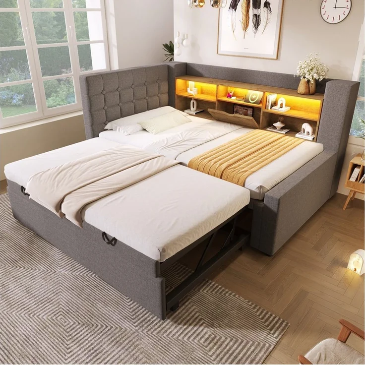 Odikalo Schlafsofa Schlafcouch 90x200 mit LED Ausziehbett und Stauraum, Polsterbett Bett 90x200 cm mit Ausziehbett 90x190, und LED-Beleuchtung,Struraumbett, L-förmigem Kopfteil mit Stauraum, beidseitig montierbar, Lattenrost, Leinen, (Ohne Matratze) – Bild 5