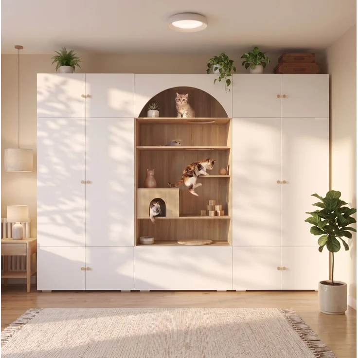 CHICFURN Kleiderschrank 270x200x50 cm mit Kleiderstange und Katzenkletterwand – Weiß/Holzoptik – Bild 2