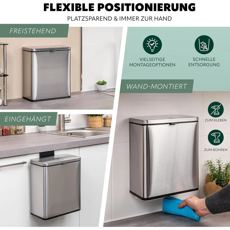 eluno Biomülleimer 6L mit Geruchsfilter, 3 Montagearten, Edelstahl – Bild 4