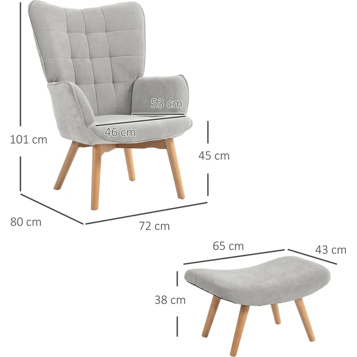 Ohrensessel mit Hocker, Relaxsessel, Polstersessel in Cord-Optik, Loungesessel, Armlehnstuhl mit Holzbeine, Fernsehsessel für Wohnzimmer, Grau--Herde--80x72x101cm--YOUDENOVA – Bild 3