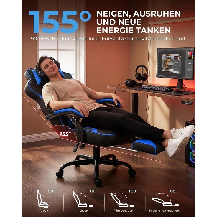 GTPLAYER Gaming Stuhl mit Fußstütze, Ergonomischer Bürostuhl 180kg, Schwerlast Gaming Sessel mit Lendenwirbelstütze und Kopfstütze, Höhenverstellbarer Computerstuhl, Gepolstert, neigbare 155°, BLAU – Bild 8