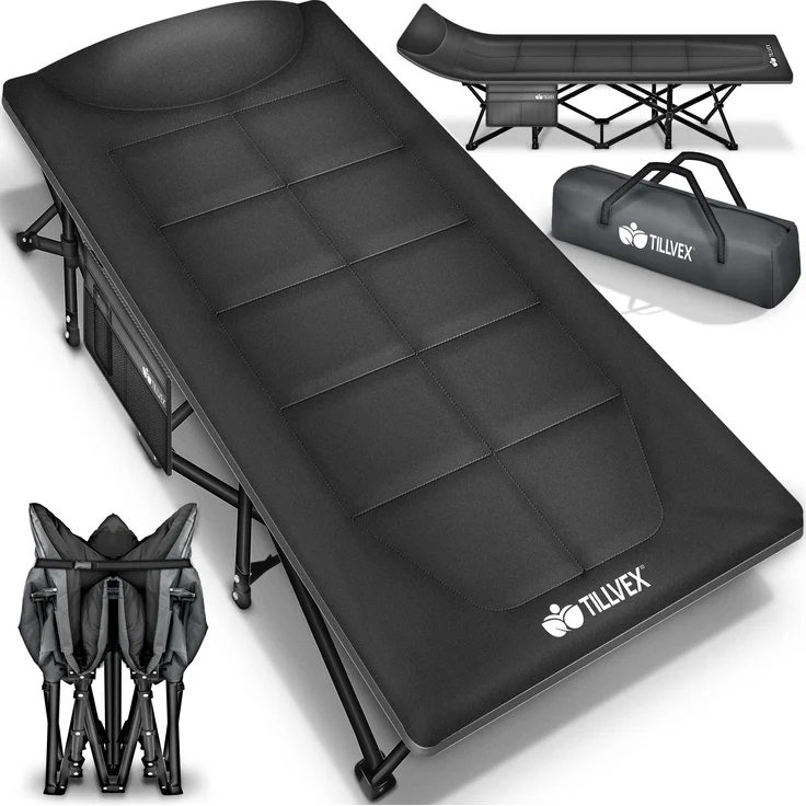 tillvex® Campingbett Schwarz 210 x 80 x 40 cm klappbar mit Tragetasche bis 280 kg | Campingliege extra breit | Feldbett Karpfenliege für Outdoor & Indoor | Klappbett Gästebett faltbar Garten Camping Angeln Festival Reise – Bild 6